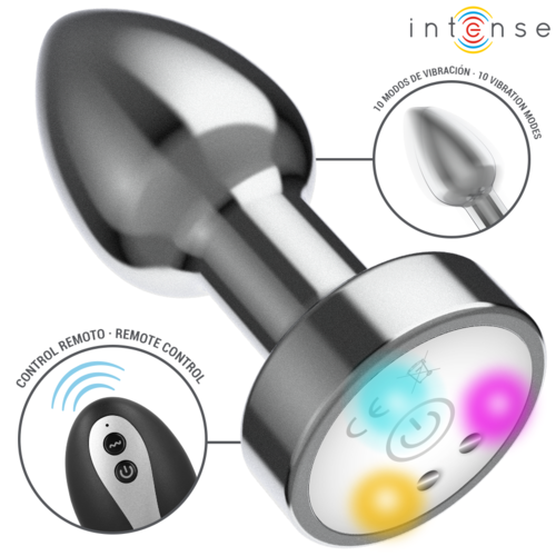 INTENSE - PLUG ANAL TALLA S DE METAL VIBRADOR CON LUCES LED MULTICOLOR Y CONTROL REMOTO