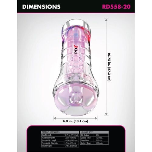 PDX ELITE - MASTURBADOR TRANSPARENTE VIEWTUBE XXL LED STROKER 27.3 CM